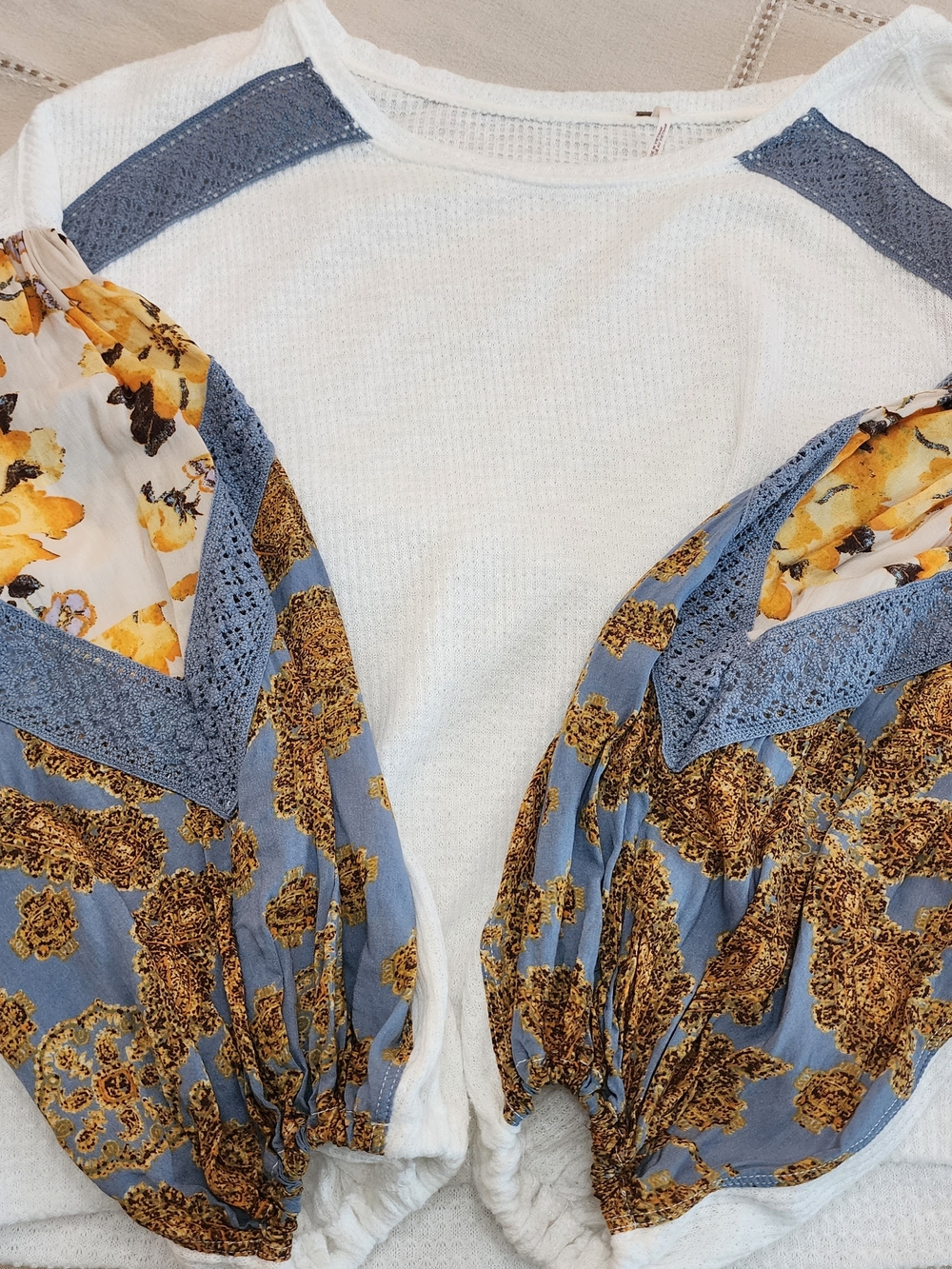 Free People White Waffle Pullover with Blue & Gold Patterned Balloon Sleeves - Picture 6 of 9
